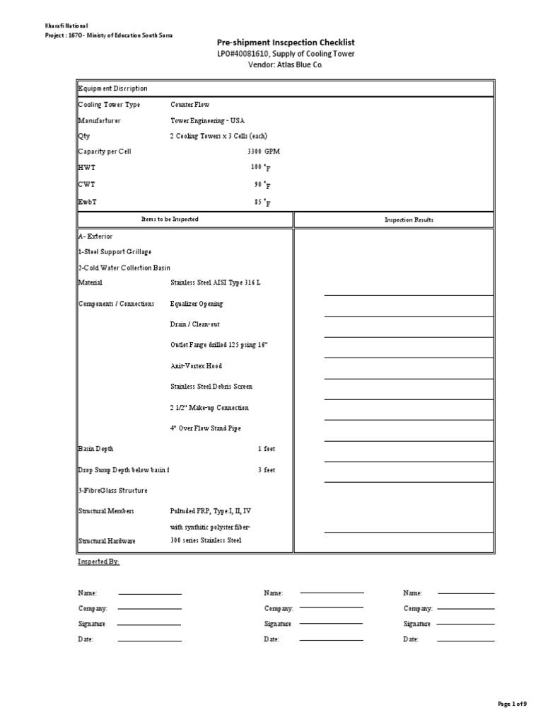 Cooling Tower Inspection Checklist | PDF | Mechanical Fan | Gear