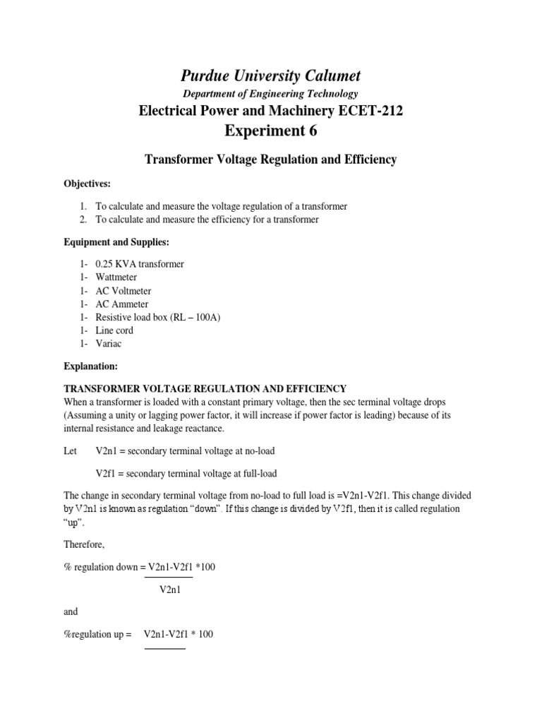 Transformer Voltage Regulation & Efficiency | PDF | Transformer ...