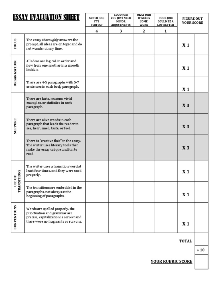 evaluation criteria for essay writing