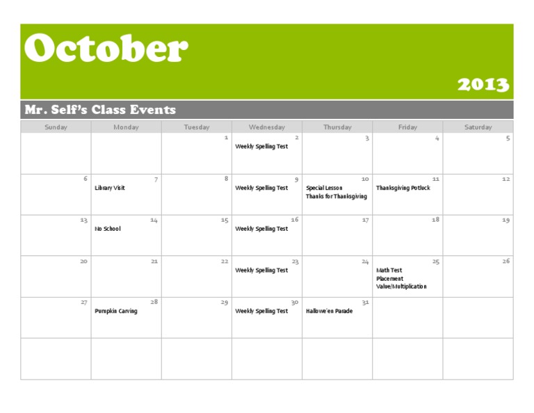 October 2013 Class Events Calendar | PDF