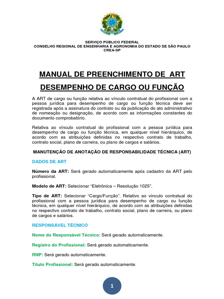 Manual de Preenchimento de ART Cargo/Função | PDF | Estado | Conceitos ...