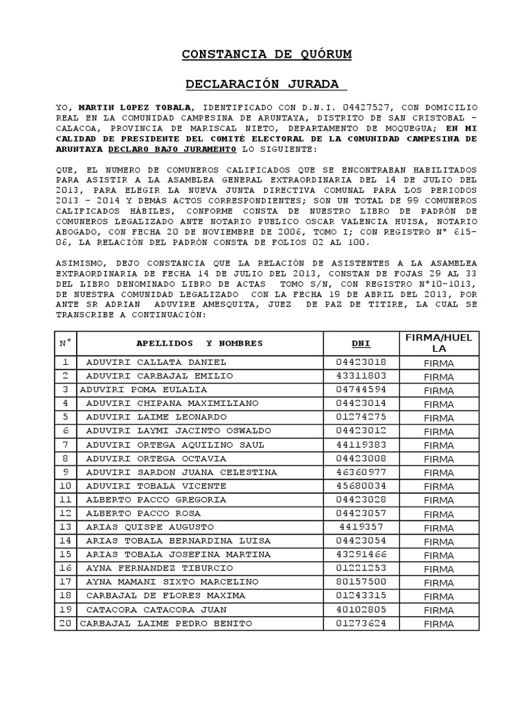 Constancia de Quórum Electoral 2013 | PDF