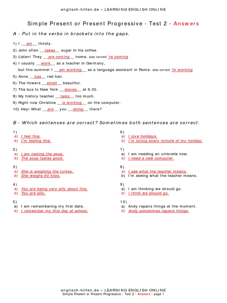 Simple Present vs. Present Progressive Test | PDF | Linguistic ...