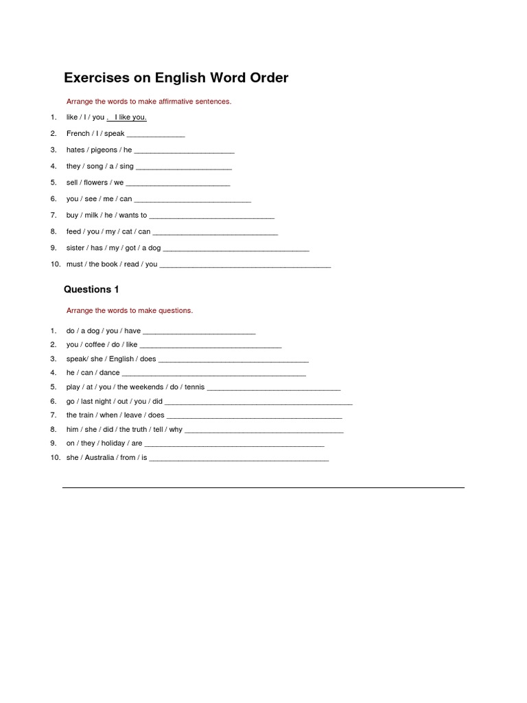 English Word Order Exercises | PDF | Foreign Language Studies | Self ...