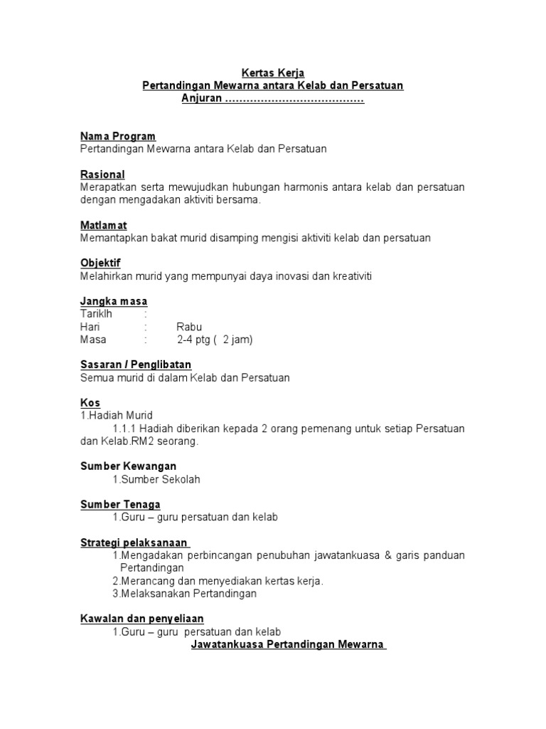 Kertas Kerja Aktiviti Persatuan Dan Kelab Contoh Pdf