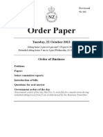 Provisional Order Paper for New Zealand Parliament sitting Tuesday October 22, 2013