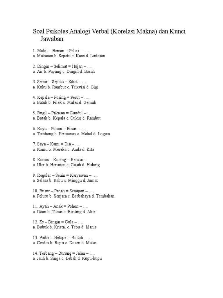 Contoh Soal Tes Psikotes Verbal / PDF Contoh soal psikotes analogi