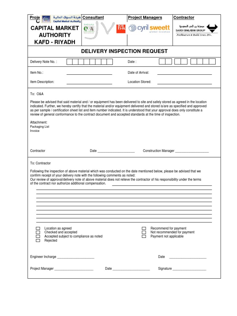 Delivery Inspection Request Template | PDF | Finance & Money Management