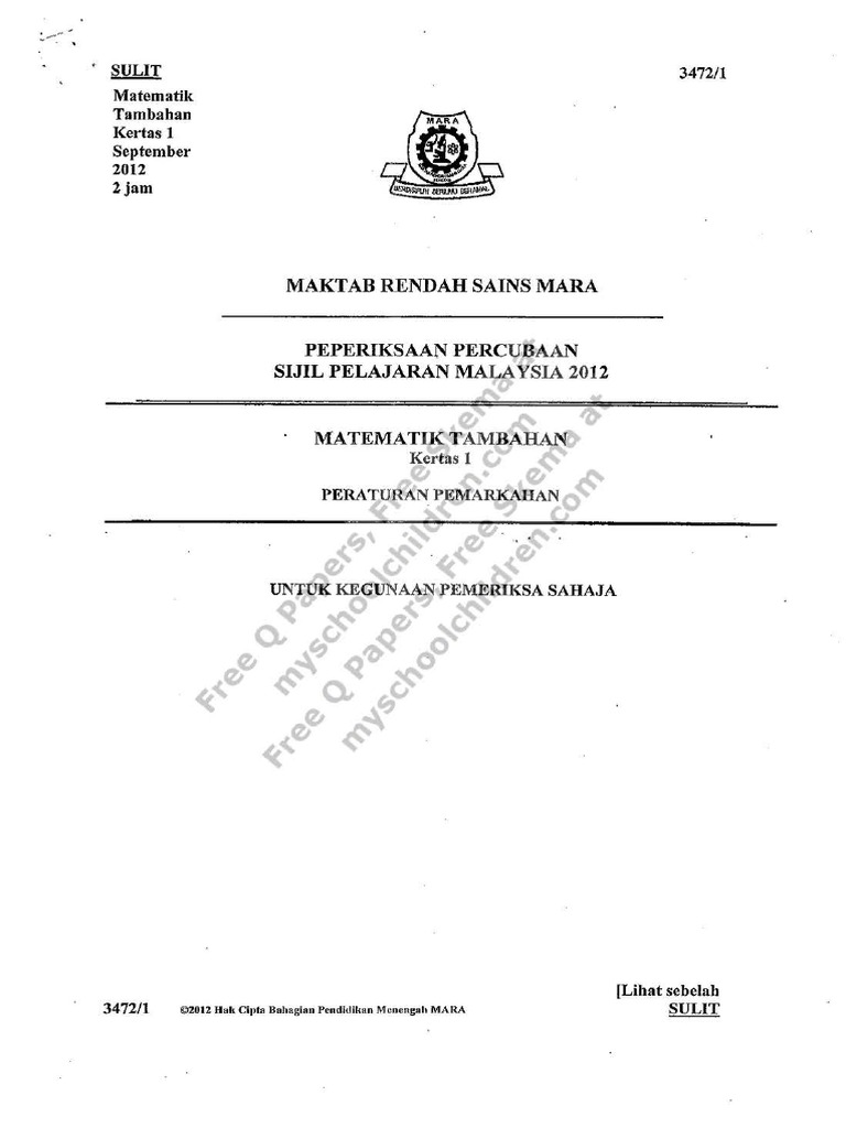 Skema Matematik Tambahan Kertas 1 2 Percubaan Spm 2012 Mrsm Pdf