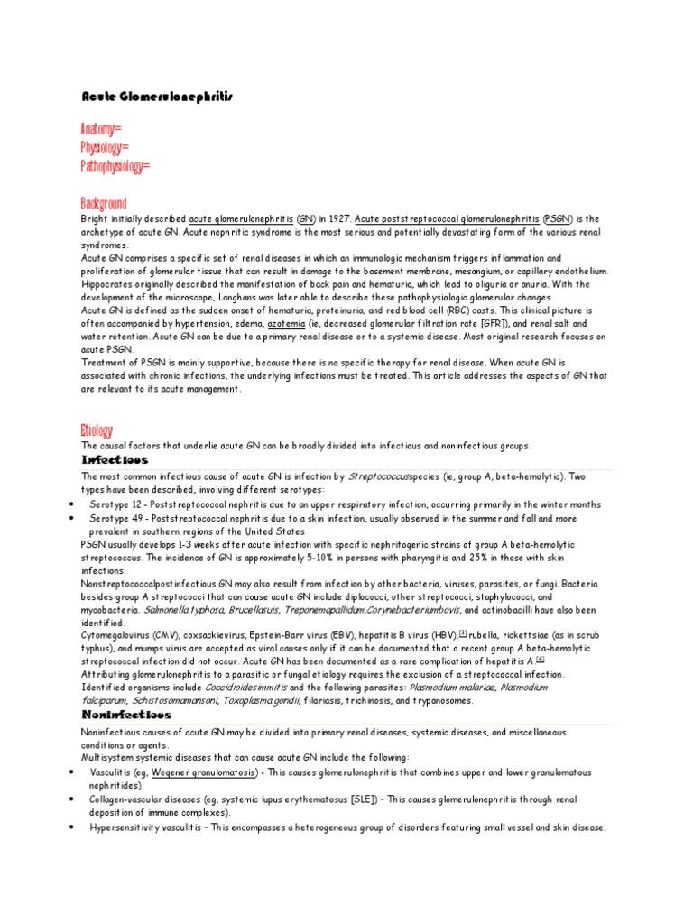 Acute Glomerulonephritis Overview | PDF | Renal Function | Systemic ...