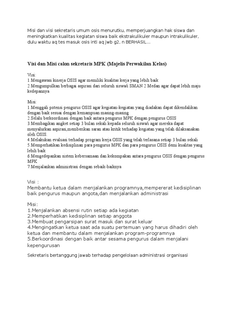 Misi Dan Visi Sekretaris Umum Osis Menurutku PDF