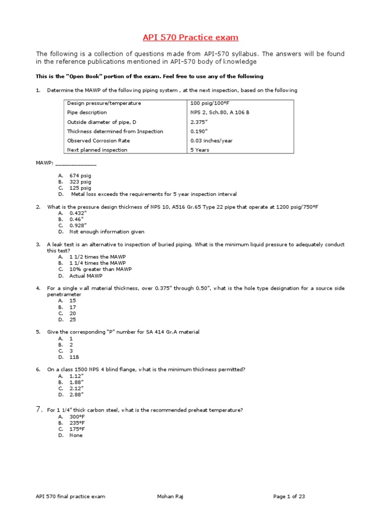 API 570 Practice Exam Questions | PDF | Pipe (Fluid Conveyance) | Welding