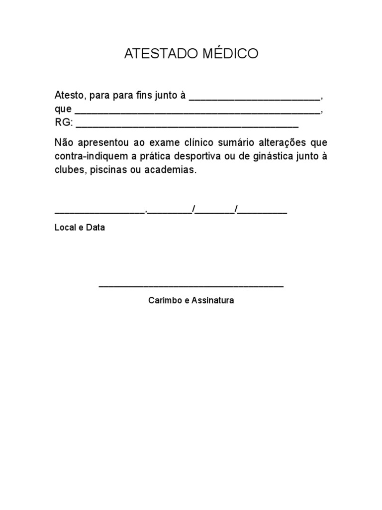 ATESTADO MÉDICO - clubes piscinas academias