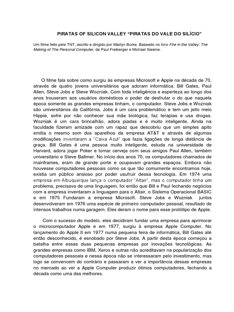 Resumo do filme Piratas do Vale do Silício. informatica Steve Jobs Computadores pessoais