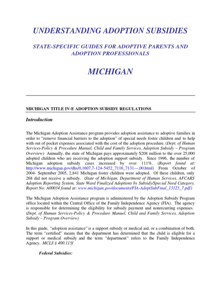 Michigan Adoption Subsidy Regulation Guide PDF Medicaid Temporary