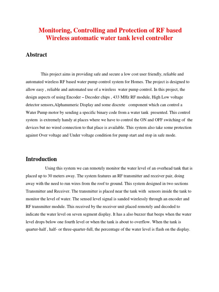 RF Water Tank Level Controller System | PDF | Wireless | Transmitter