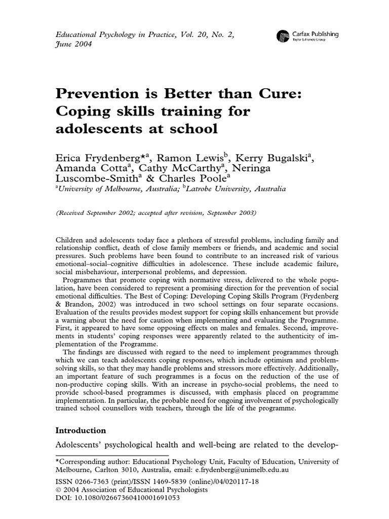 Coping Skills Training for Adolescents | PDF | Psychological Resilience ...
