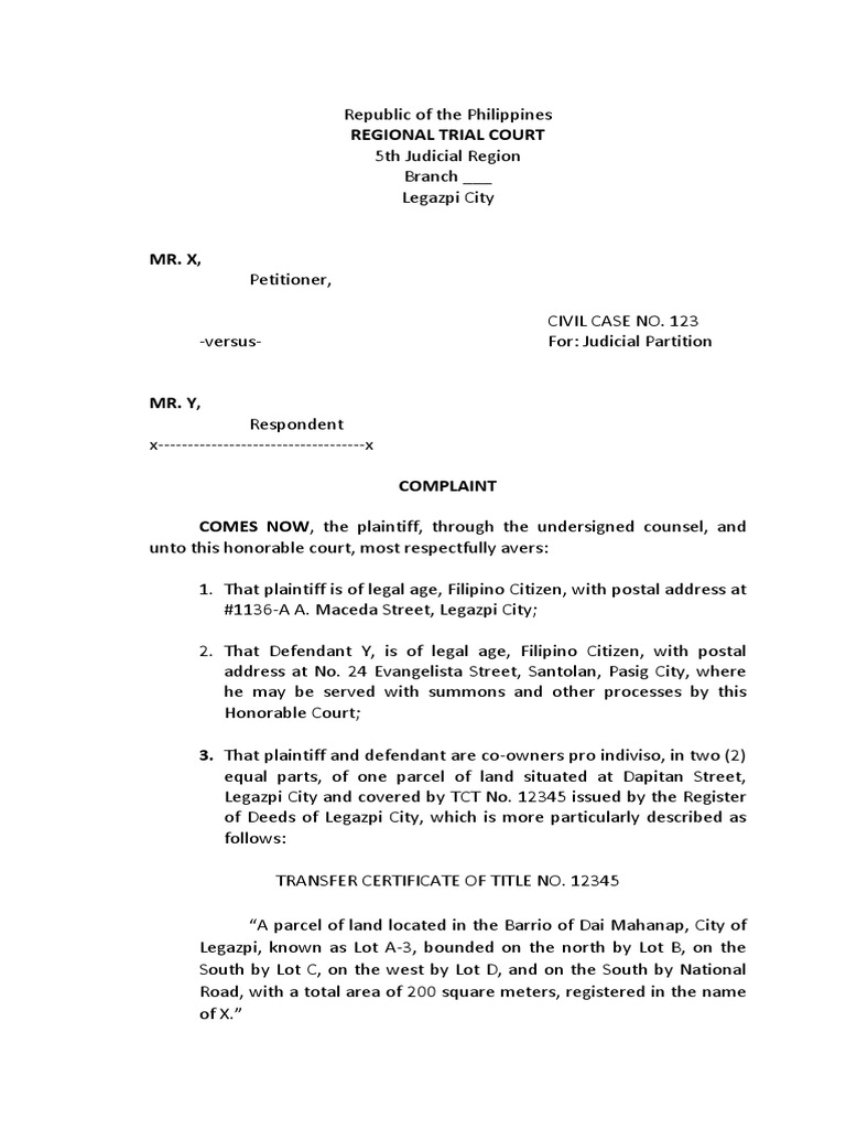 Judicial Partition Petition in Legazpi | PDF | Lawsuit | Complaint