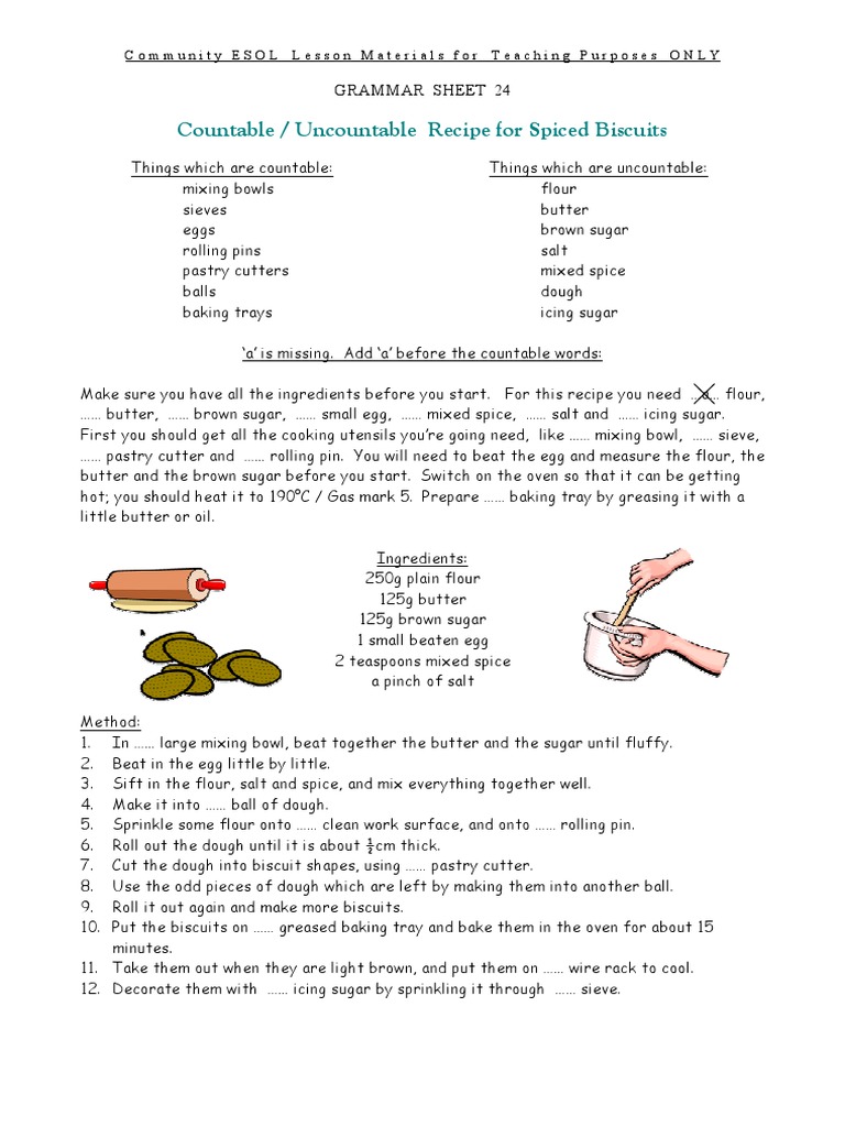 Countable / Uncountable Recipe For Spiced Biscuits Grammar Sheet 24 PDF
