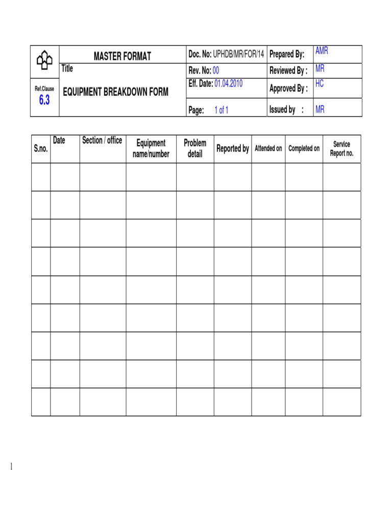 Equipment Breakdown Form Template | PDF