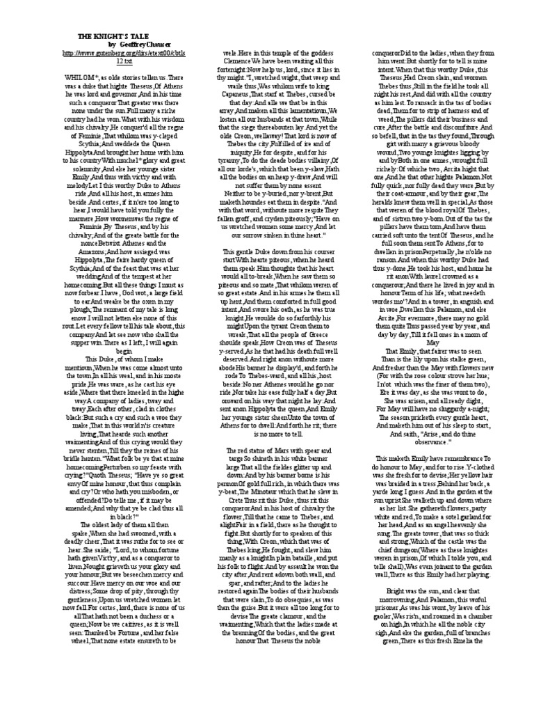 The Knight'S Tale by Geoffreychaucer | PDF