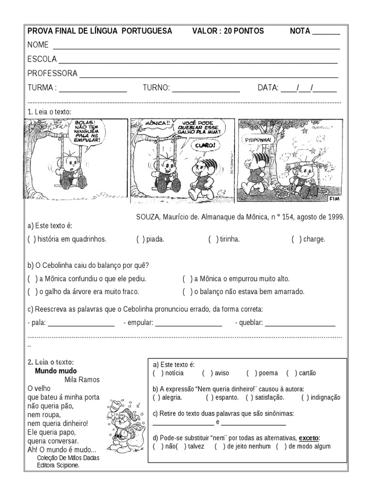 4º Ano - Prova de Língua Portuguesa - Dez 2012 | PDF | Contos | Idiomas