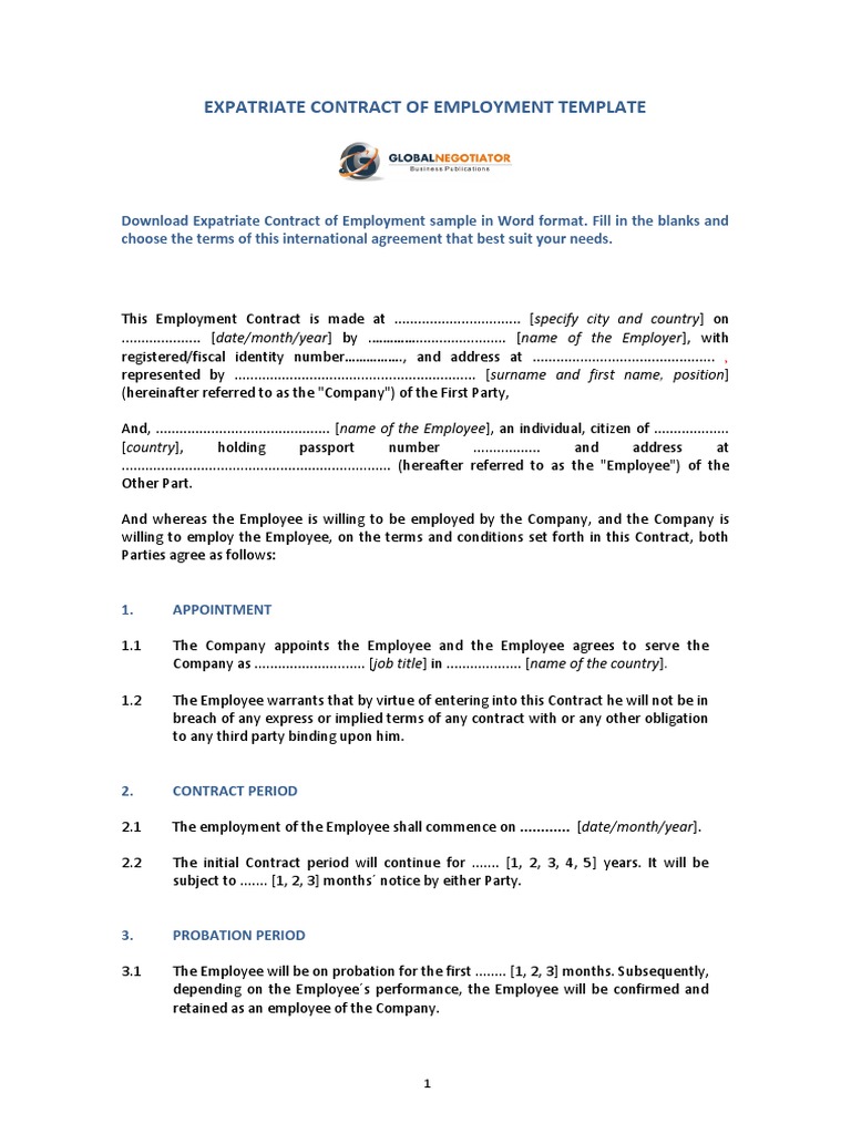 expatriate contract of employment template pdf contractual term