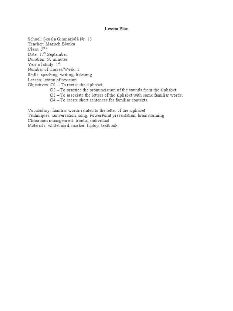 Lesson Plan 3 Alphabet | PDF