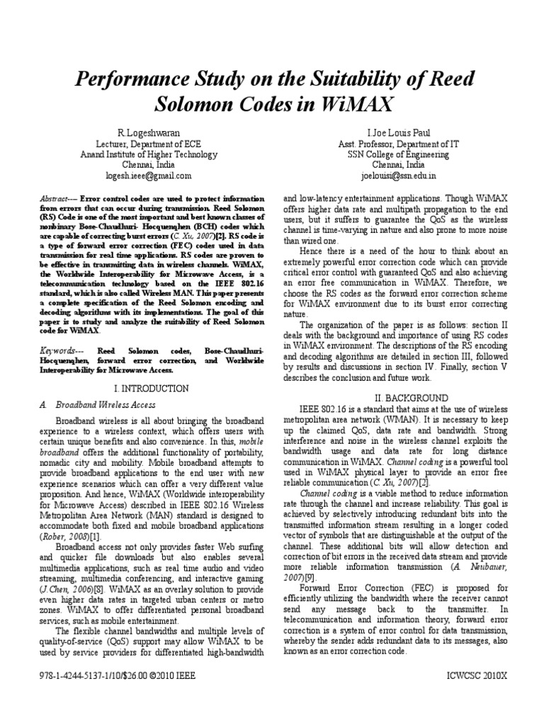Studi Kasus Reed Solomon Code For WiMAX PDF Forward Error