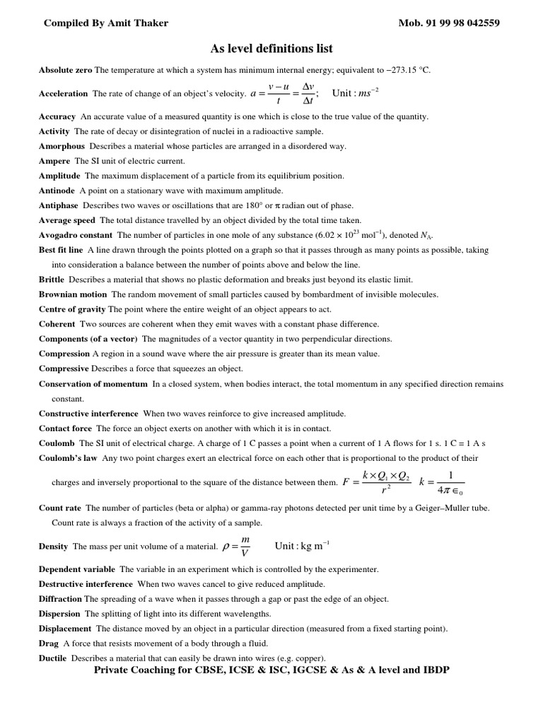 Physics a Level Definitions | Force | Electric Current