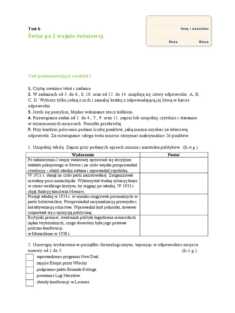 I Wojna światowa Sprawdzian Klasa 7