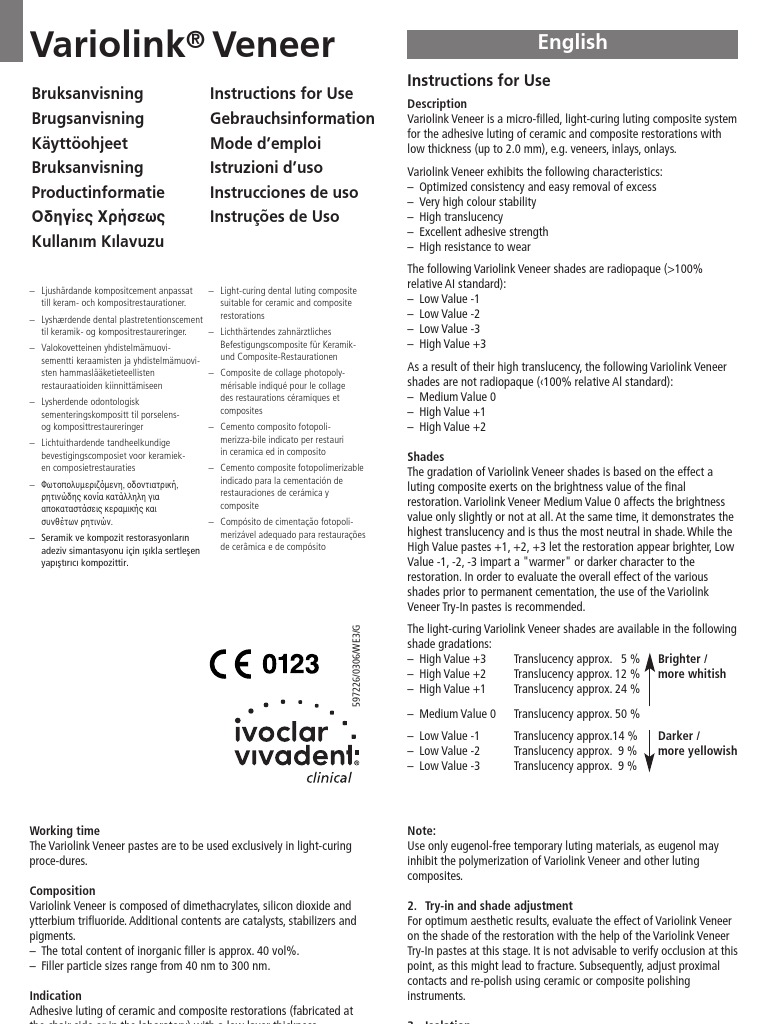 Variolink Veneer Instructions for Use Dentistry Dentistry Branches