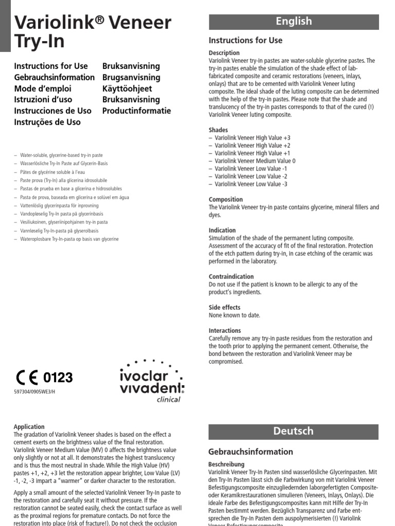 Variolink Veneer TryIn Instructions For Use PDF Materials Nature