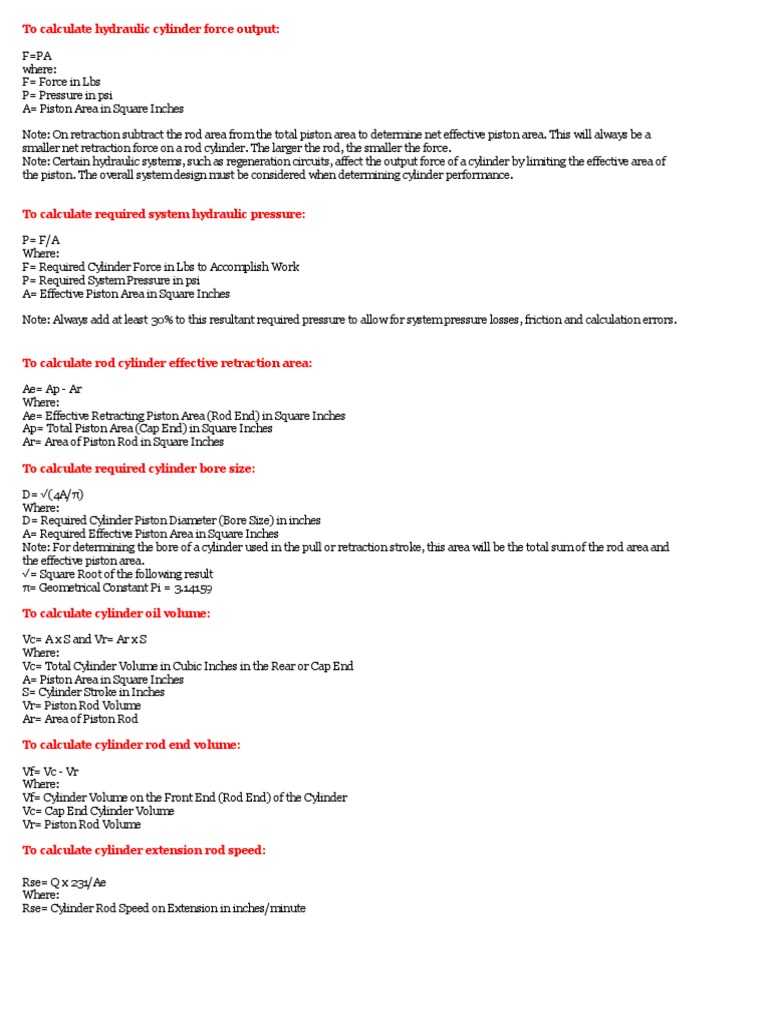 Hydraulic Cyl Calculation Formulas PDF Cylinder (Engine) Pump