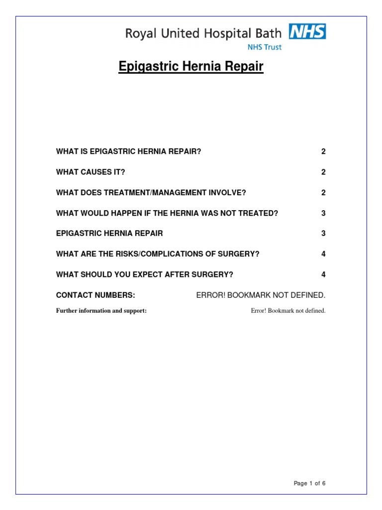 Epigastric Hernia Repair Error! Bookmark Not Defined PDF Surgery Medicine