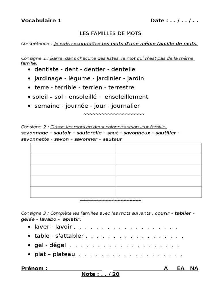 Mots De La Même Famille Exercices 1 Les Mots de La Meme Famille | PDF