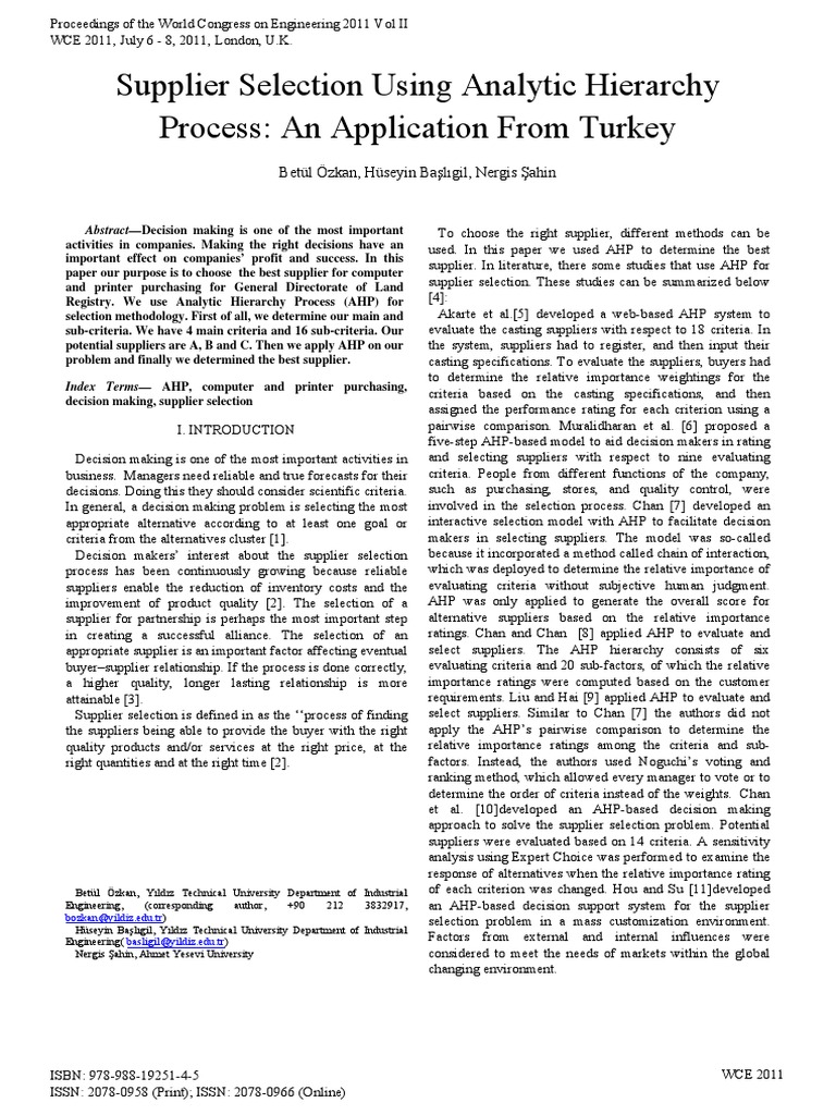 Supplier Selection Using Analytic Hierarchy Process: An Application ...