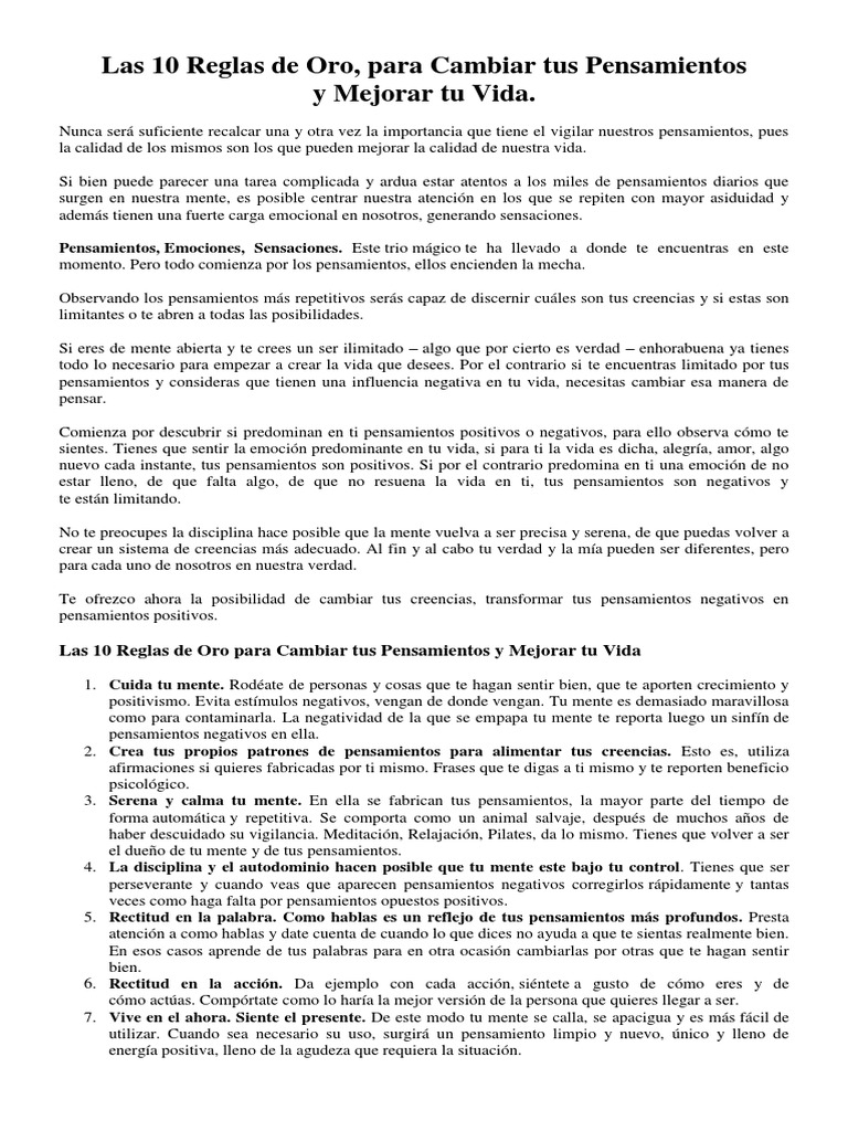 Las 10 Reglas de Oro para Mejorar El Animo | PDF