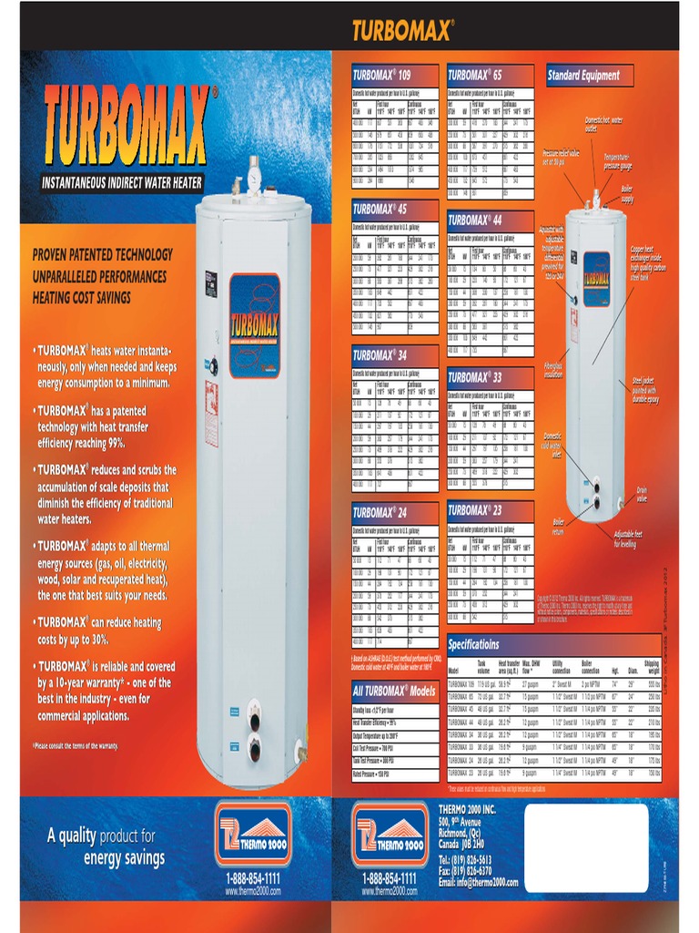 specifications turbomax 1 Water Heating Boiler