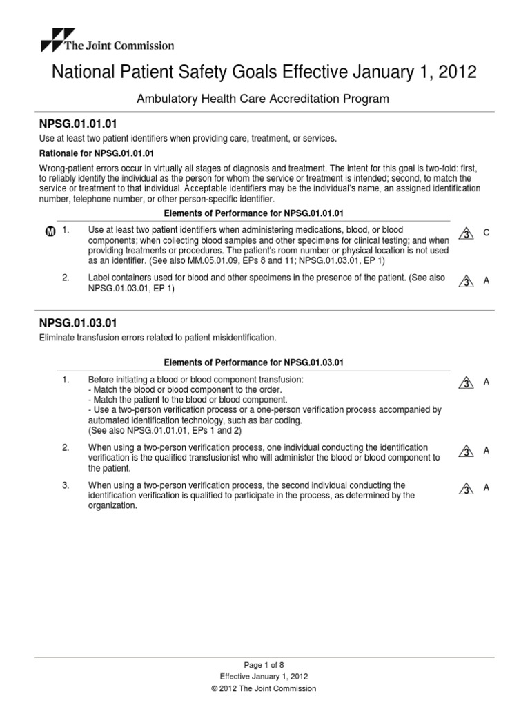 Ambulatory Health Care National Patiernt Safety Goals Patient Safety