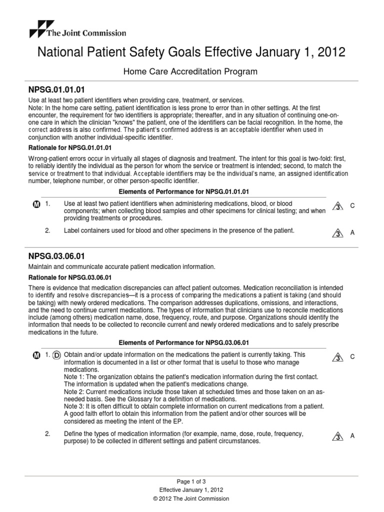 Home Health National Patient Safety Goals PDF Patient Safety Hygiene
