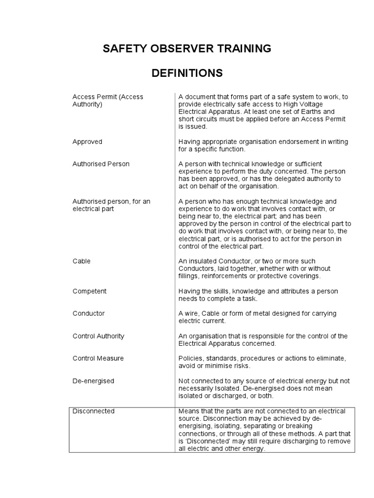 Safety Observer Definitions PDF Electrical Substation Electricity