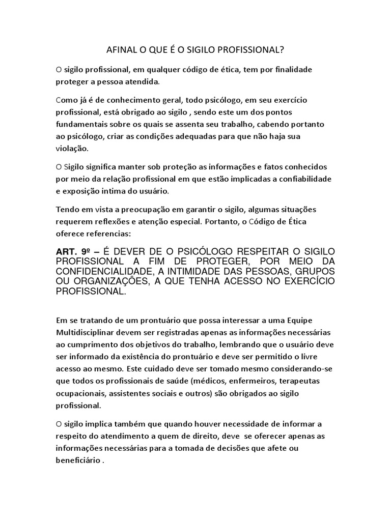 O Que é Sigilo Profissional? | PDF | Psicologia | Enfermagem