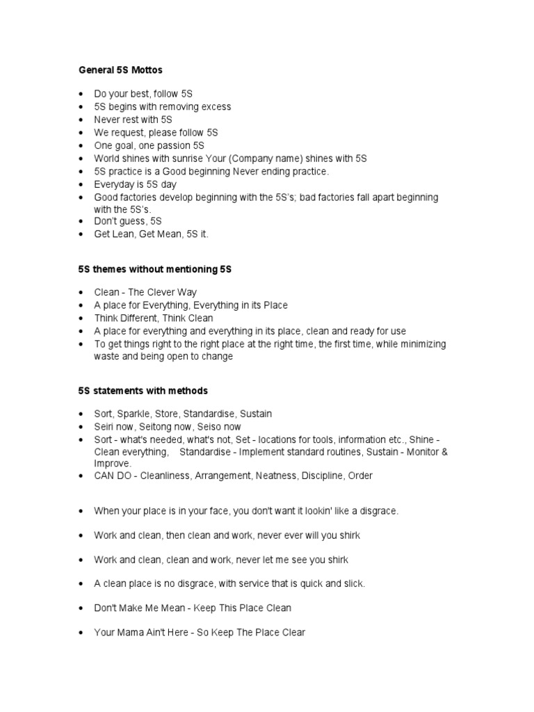 5S mottos and methods for workplace organization | PDF | Business