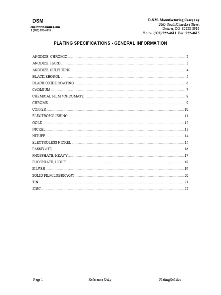 PLATING SPECIFICATIONS GENERAL INFORMATION Corrosion Chemical