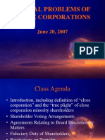 Special Problems of Close Corporations: June 20, 2007