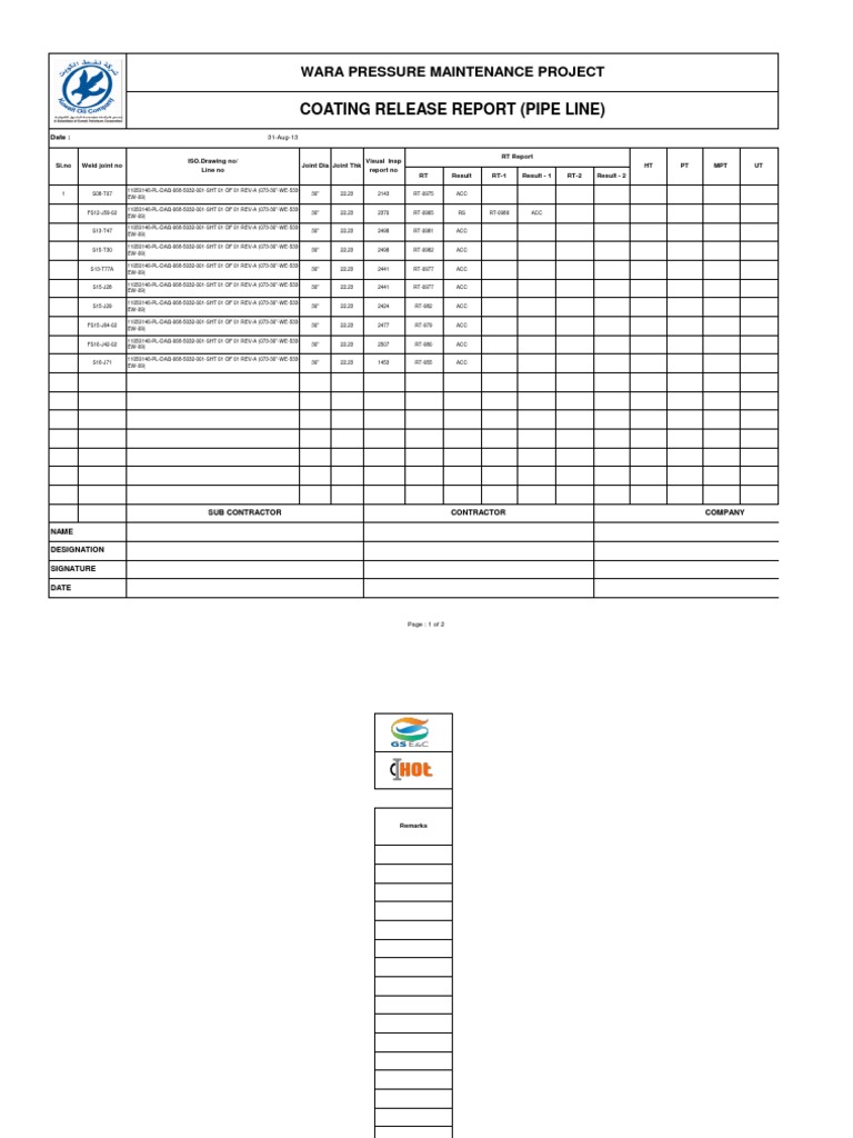 Coating Release Report for Pipeline | PDF