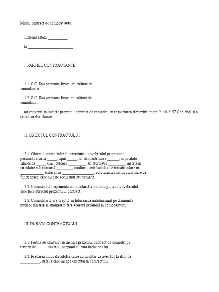 Model Contract de Comodat Auto | PDF