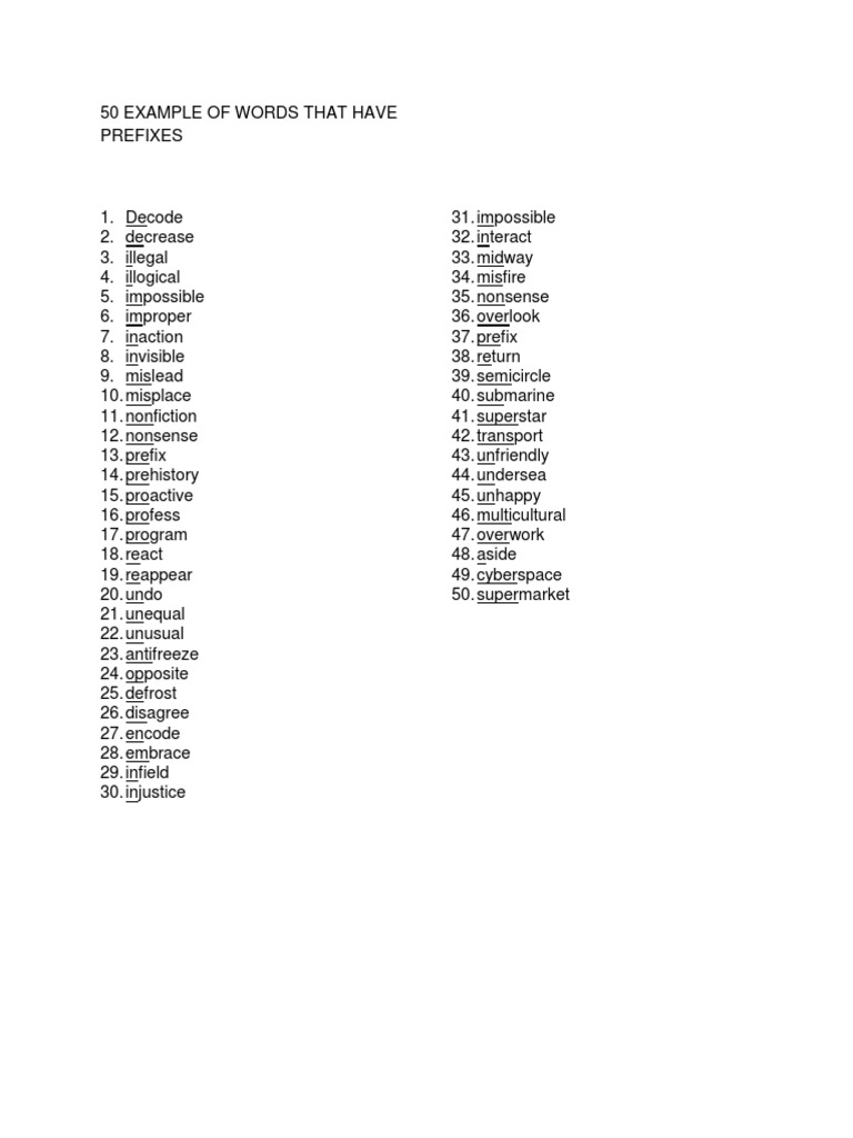 50 Example of Words That Have Prefixes | Nature