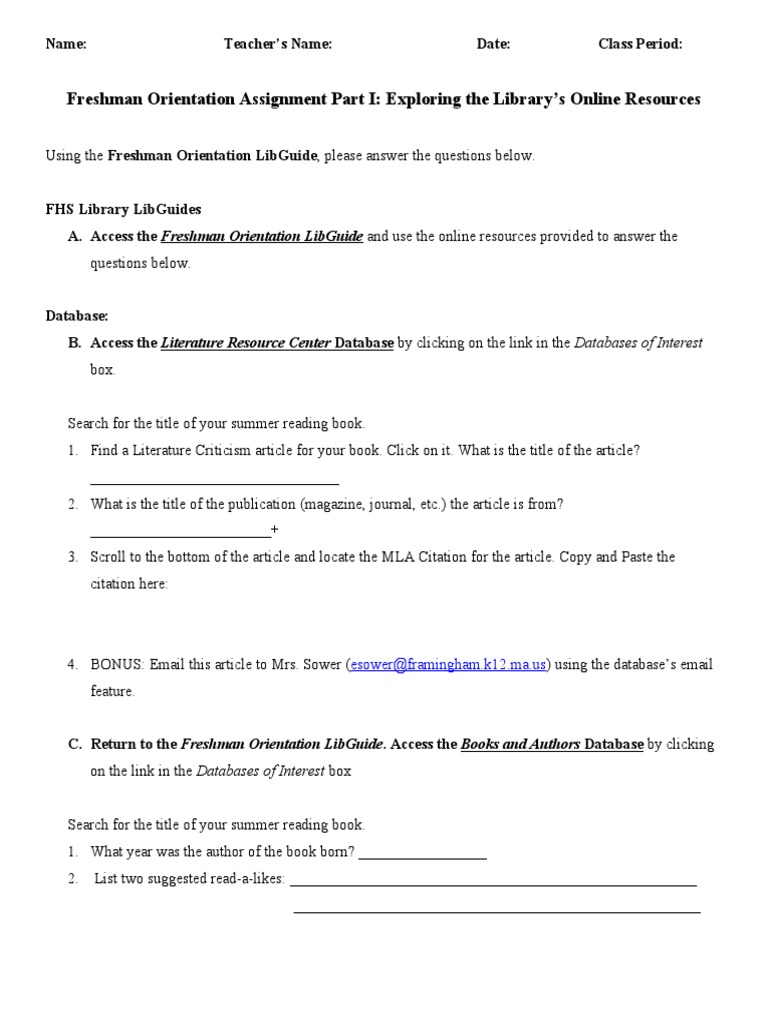 Freshman Library Resources Assignment | PDF